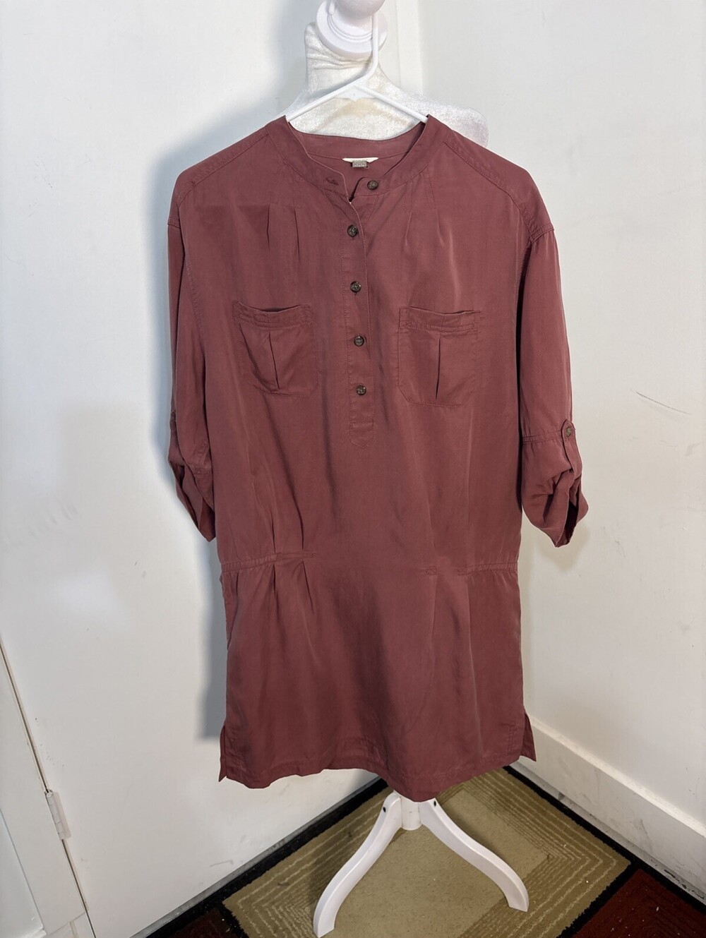 Fossil Roll-Up Sleeve Safari Utility Dress Brick Red Lyocell Tunic Medium